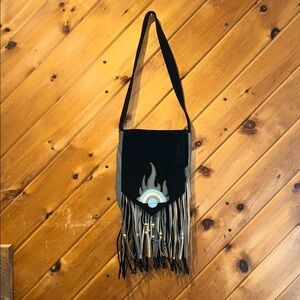 Handmade vintage beaded fringe leather suede black gray blue crossbody bag